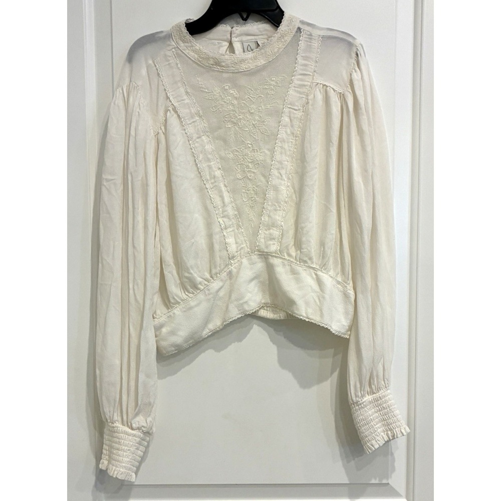 Joie Peasant Blouse Womens L Ivory Floral Lace Detail Boho Coquette Balloon Slv